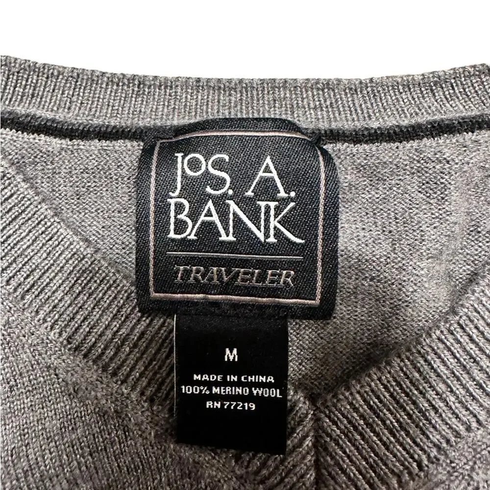 Jos. A. Bank Traveler 100% Merino Wool Gray Medium Men's V Neck Sweater